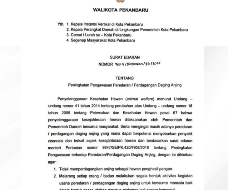 SURAT EDARAN WALIKOTA PEKANBARU TENTANG PENINGKATAN PENGAWASAN PEREDARAN / PERDAGANGAN DAGING ANJING