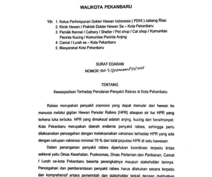 SURAT EDARAN WALI KOTA PEKANBARU TENTANG KEWASPADAAN TERHADAP PENULARAN RABIES DI WILAYAH KOTA PEKANBARU