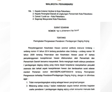 SURAT EDARAN WALI KOTA PEKANBARU TENTANG KEWASPADAAN TERHADAP PENULARAN RABIES DI WILAYAH KOTA PEKANBARU
